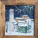 Immagine: Capossela Salvatore - la Badia di San Lorenzo con la neve 21x20,5 olio su tavola con cornice realizzata dall'autore in legno antico 2022