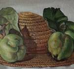 Immagine: Morato Bruno - 5 Mele cotogne su cappello di paglia olio su tavola telata cm.21,5x44