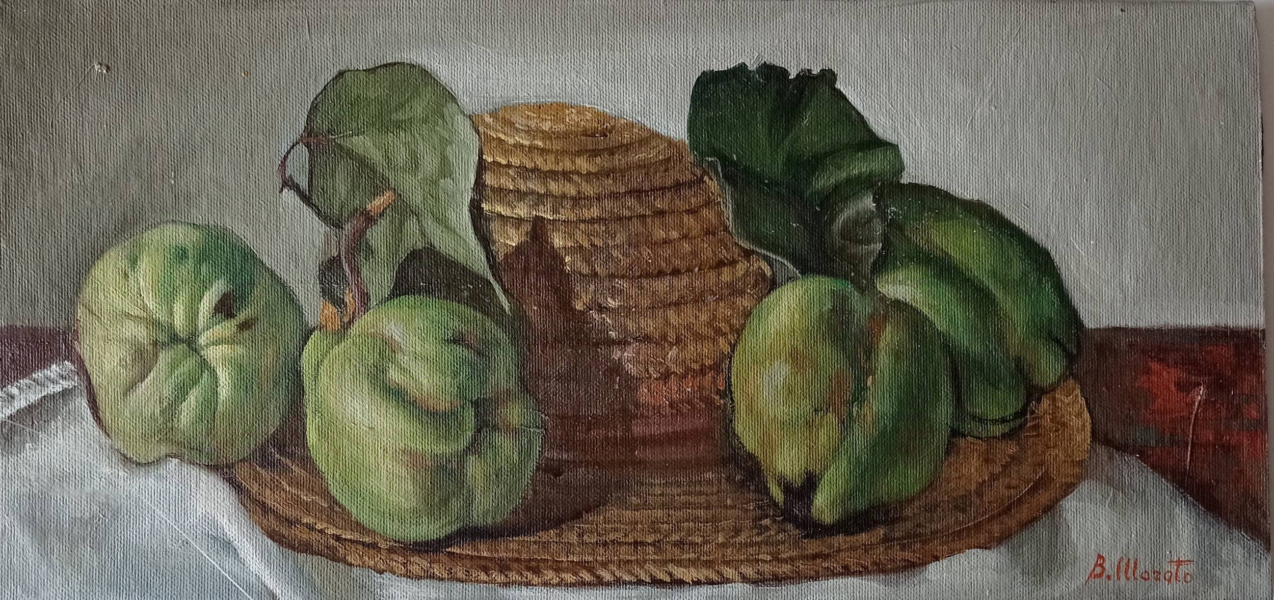 Immagine: Morato Bruno - 5 Mele cotogne su cappello di paglia olio su tavola telata cm.21,5x44